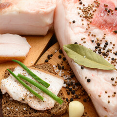 raw pork meat and lard with salt, spices and garlic on a cutting board, dark wooden background