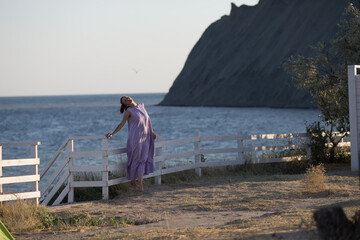 a beautiful girl in a long purple dress bent like a bird, and behind her a seagull flies against the background of mountains and the sea