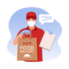 Delivery man in a medical mask and gloves holding a bag with food .Prevention of coronavirus.Concept of safe food delivery during the epidemic coronavirus.Vector illustration 