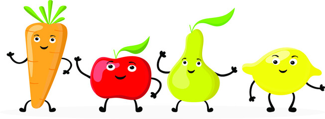 Set of funny and happy vegetables and fruits, juice packaging template. Lemon, pear, apple and carrot - vegetarian food, vector flat illustration.