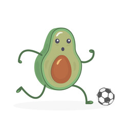 Kawaii avocado plays football. Green fruit runs, kicks a soccer ball. Food. Sport. White background. Vector illustration. Cute isolated