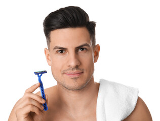 Handsome man with razor before shaving on white background