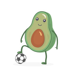 Kawaii avocado plays football. Food. Green fruit stands, put his foot on a soccer ball. Sport. White background. Vector illustration. Cute isolated