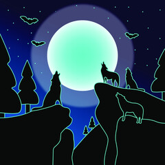 wolves and moon