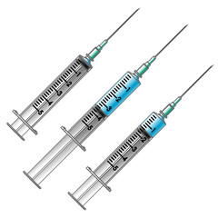 Set medical realistic syringe with Covid-19 coronavirus vaccine. Grey, black vector lines and colored gradients isolated on transparent background. Different filled of vaccine: full, half full and