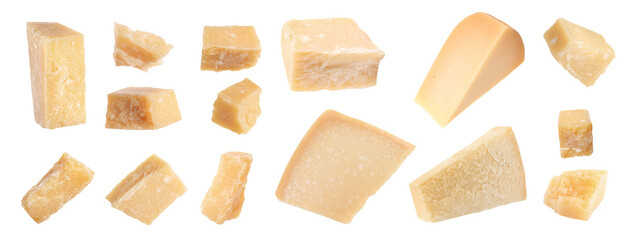 Set with pieces of delicious parmesan cheese on white background. Banner design