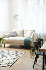 Stylish living room interior with beautiful house plants