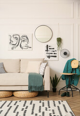Stylish living room interior with beautiful house plants