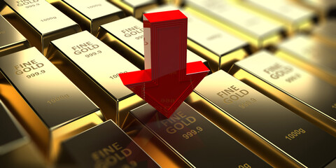 Investment, banking and business concept: 3d rendering fine gold bars on brick wall background. Many shiny ingots. Red bold arrow facing down. Profit lost. Treasure blocks for wealth and investment 