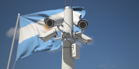 Naklejka na ściany i meble Flag of Argentina and four security cameras, 3d rendering