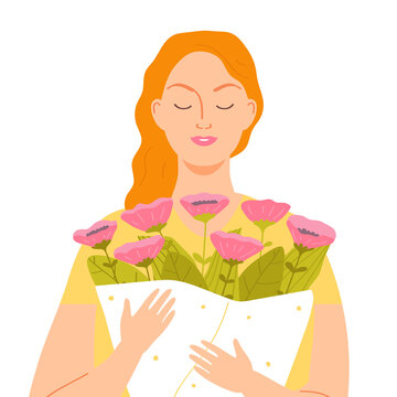 Portrait of a beautiful red-haired woman with a bouquet of flowers. Female character on a white background. International Women's Day. Vector illustration in flat style.