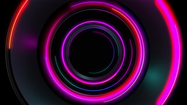 Abstract seamless loop of 3D render neon circle. Blue and purple neon circles abstract futuristic hi-tech motion background seamless loop. Video 3d animation Ultra HD 4K.