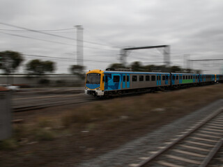 Fototapeta na wymiar Commuter train approaching Broadmeadows train station Melbourne Victoria Australia