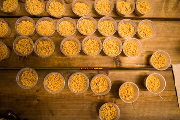 Sorunda, Sweden A batch of plastic boxes containing crushed peanuts to serve with Thai food on a wooden table.
