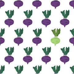 Cartoon seamless pattern for paper design with purple kohlrabi root with green leaf. Colorful background. Eye catching element - green vegetable.