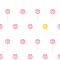 Cartoon seamless pattern for paper design with pink lollipop candy. Colorful background. Eye catching element - yellow candy.