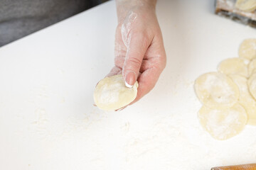 homemade dumplings in the kitchen without decorations. making dumplings with minced pork, beef and chicken