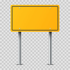 Obraz premium Realistic yellow traffic sign on metal pole isolated on transparent background. Rectangular blank traffic road empty sign. Mockup template for your design. Street traffic sign, road signpost direction