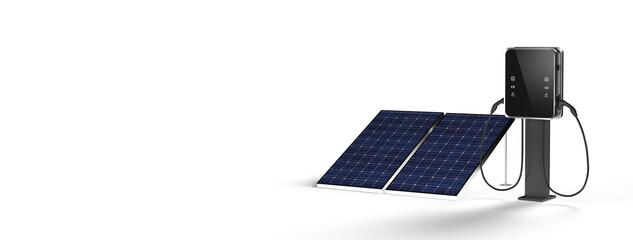 Solarpanel neben Elektroladestation für Elektroautos, Wallbox mit Photovoltaikanlage