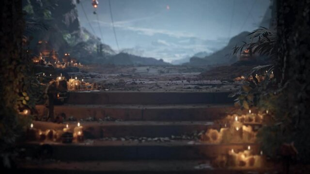 Mysterious Cave Candles Head of Statue 3D Rendering Animation for Fiction 4K Backgrounds