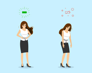 Businesswoman professional burnout syndrome. Exhausted sick tired female manager walking. Happy and sad boring woman comparison. Frustrated worker mental health problems. Long work illustration