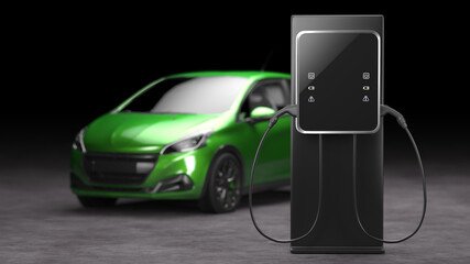 Elektroladestation für E-Autos, im Hintergrund ein grünes Elektroauto