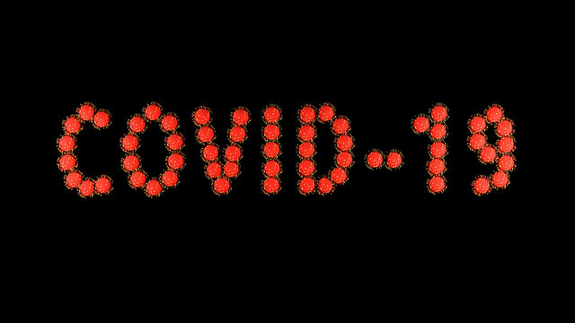 3d Image Render, Background With Writing Title Inscription Covid-19 Of Red Molecules Of Covid Virus On Black Background. Coronavirus Concept. Idea Of Pandemic, Epidemic. Digital Text.