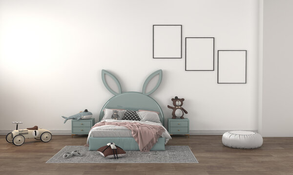 3D rendering illustration of a modern minimalist kids bedroom - empty frames for your pictures