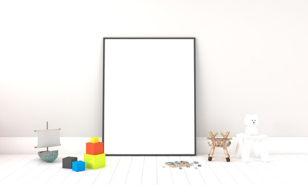 3D Rendering Illustration Of A Modern Minimalist Kids Room Or Nursery -an Empty Frame For Copy Space