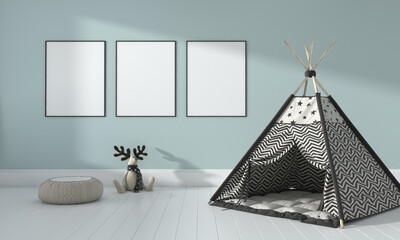 3D rendering of the interior of a modern kids bedroom with a teepee tent and empty frames © Shah Zaman Khan/Wirestock
