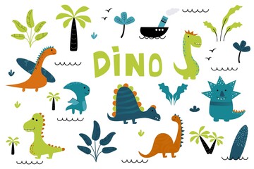 Dinosaur cute kids colllection. Set of little cute dinos.
