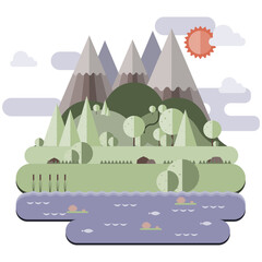 Sunny day landscape illustration in flat style with mountains, forest and water. Background for summer camp, nature tourism, camping or hiking design concept.