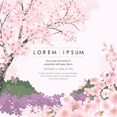 Vector illustration of spring landscape with cherry trees in full bloom. Design for social media, party invitation, Print, Frame Clip Art and Business Advertisement and Promotion - obrazy, fototapety, plakaty