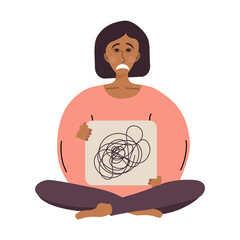 Tired woman sits in lotus position with a sign in her hands, confused thoughts. A tired woman is in a state of emotional burnout or mental disorder. Vector illustration isolated on a white background