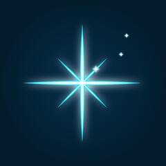Blue abstract neon star shape. Glowing vintage or futuristic frame.