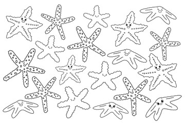 Set of vector black white isolated outline cartoon colorful sea stars or Starfish with eyes, smile. Doodle Marine invertebrates with five arms on white background for kids coloring book or print.