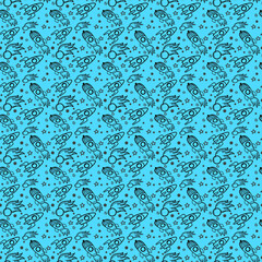 Vector illustration of spaceships and rockets. An idea for interior decoration, for drawing, for coloring books, for children's creativity.