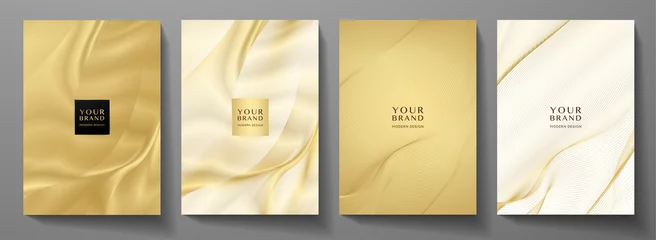 Foto op Plexiglas Modern cover design set. Gold abstract line pattern (guilloche curves) in premium gold color. Luxury golden stripe vector layout for business background, certificate, brochure template © Shiny777