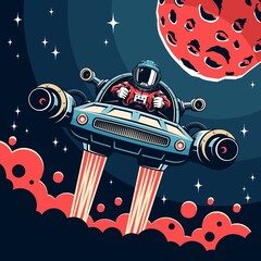 Vintage space poster with astronaut pilot of personal spaceship. Mars exploration retro poster. vector illustration. © Agor2012