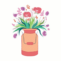Springtime bouquet of flowers in can illustration on light background