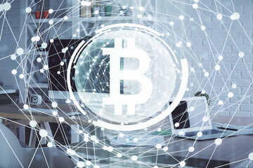 Double exposure of crypto technology theme drawing and office interior background. Concept of...
