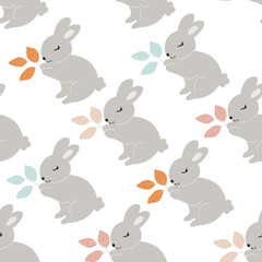 Grey Baby Bunny holds leaves in its paws seamless pattern. Little Rabbit. Cute Easter Animal. Hares Vector Kids Illustration isolated on background. Design for card, print, book, kids story	
