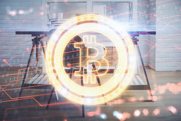 Double exposure of crypto technology theme drawing and office interior background. Concept of...