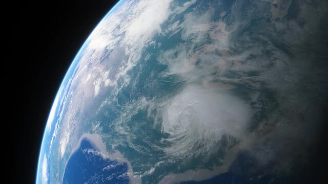 Spaceship flies over the planet Earth. Cinematic shot of huge cyclone view from space. View Of Planet Earth From Space. 3d animation