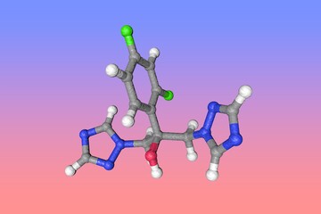 Molecular model of fluconazole. Atoms are represented as spheres with color coding: carbon (grey), nitrogen (blue), oxygen (red), hydrogen (white), fluorine (green). 3d illustration