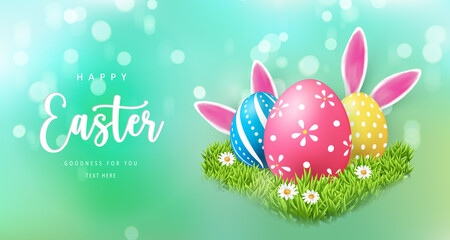 Happy Easter banner template with Easter eggs and green grass daisy flower rabbit ear