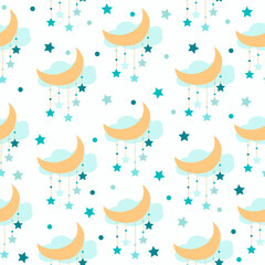 Seamless pattern-moon, stars, cloud in flat design for t-shirt print, kids nursery, fashion design, baby shower, textile