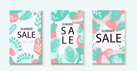 Hello summer. Collection of abstract background designs, summer sale template for your design. Creative contemporary aesthetic style. Vector illustration