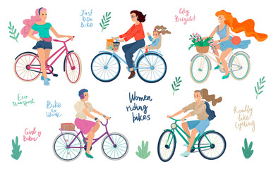 Fototapeta premium Set of different women riding bikes. Vector cartoon illustration