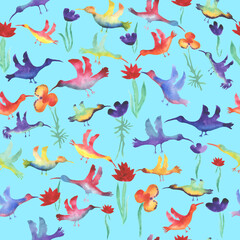  seamless pattern watercolor small multicolored birds with flowers. Background for wallpaper, fabric, stationery and scrapbooking